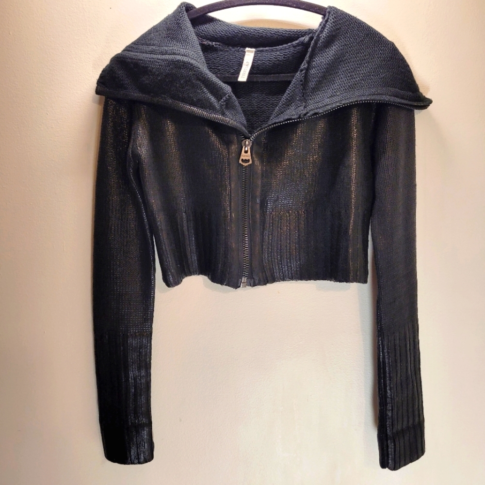 Firetrap Y2k Ultra Rare Zipped Cropped Sweater In Black Burn Shiny Effect -  Xs